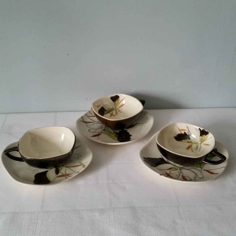 Red Wing Pottery Lotus Bronze Tea Cup & Saucer Set of 3